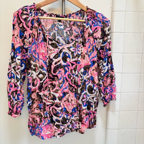 Talbots Tops - Talbots Pink Blue Abstract Blouse Small Floral 100% Rayon Elastic 3/4 Travel